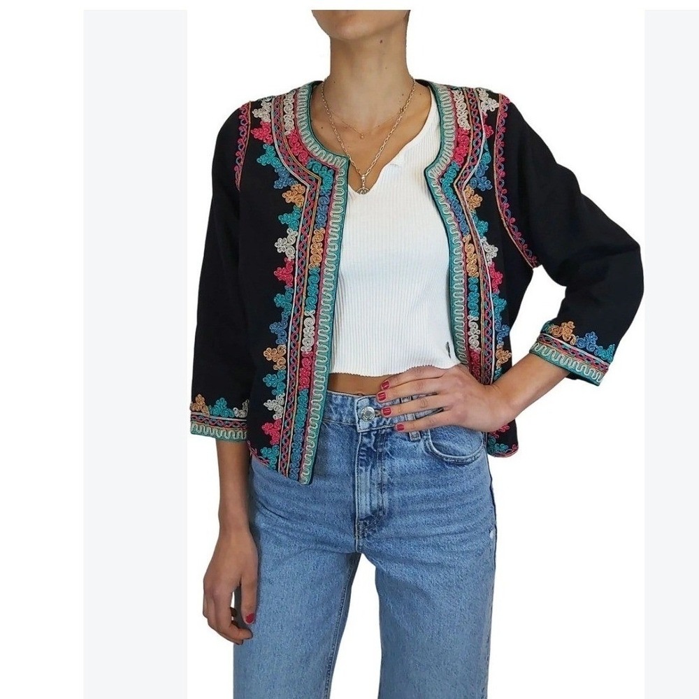 Rapsodia Open Front Jacket Size S Black Embroidered Boho Artsy Cardigan Folk Art